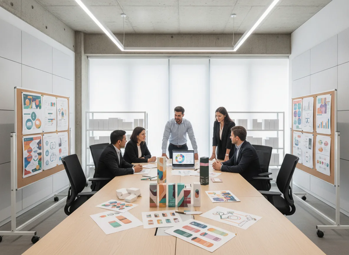 wide professional product strategy workspace with creative team