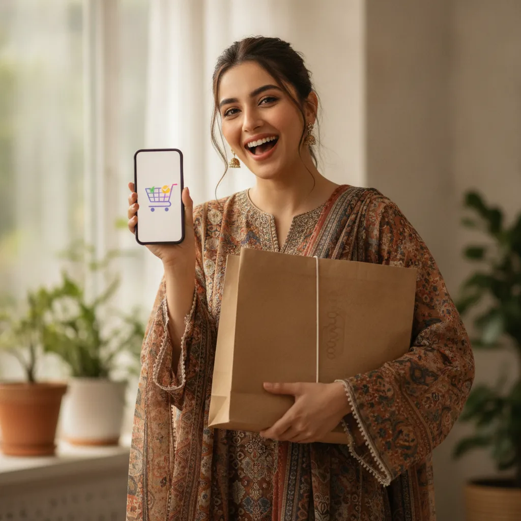 real photo of a happy Pakistani woman holding